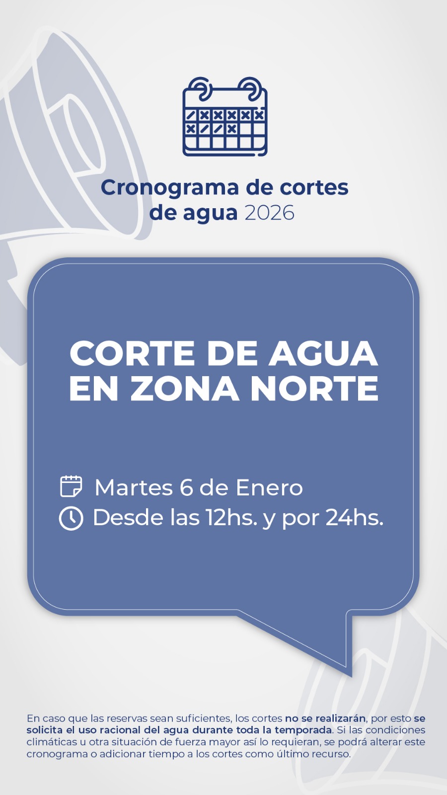 Corte de agua programado: Martes 6 en zona norte y miércoles 7 en zona sur y central